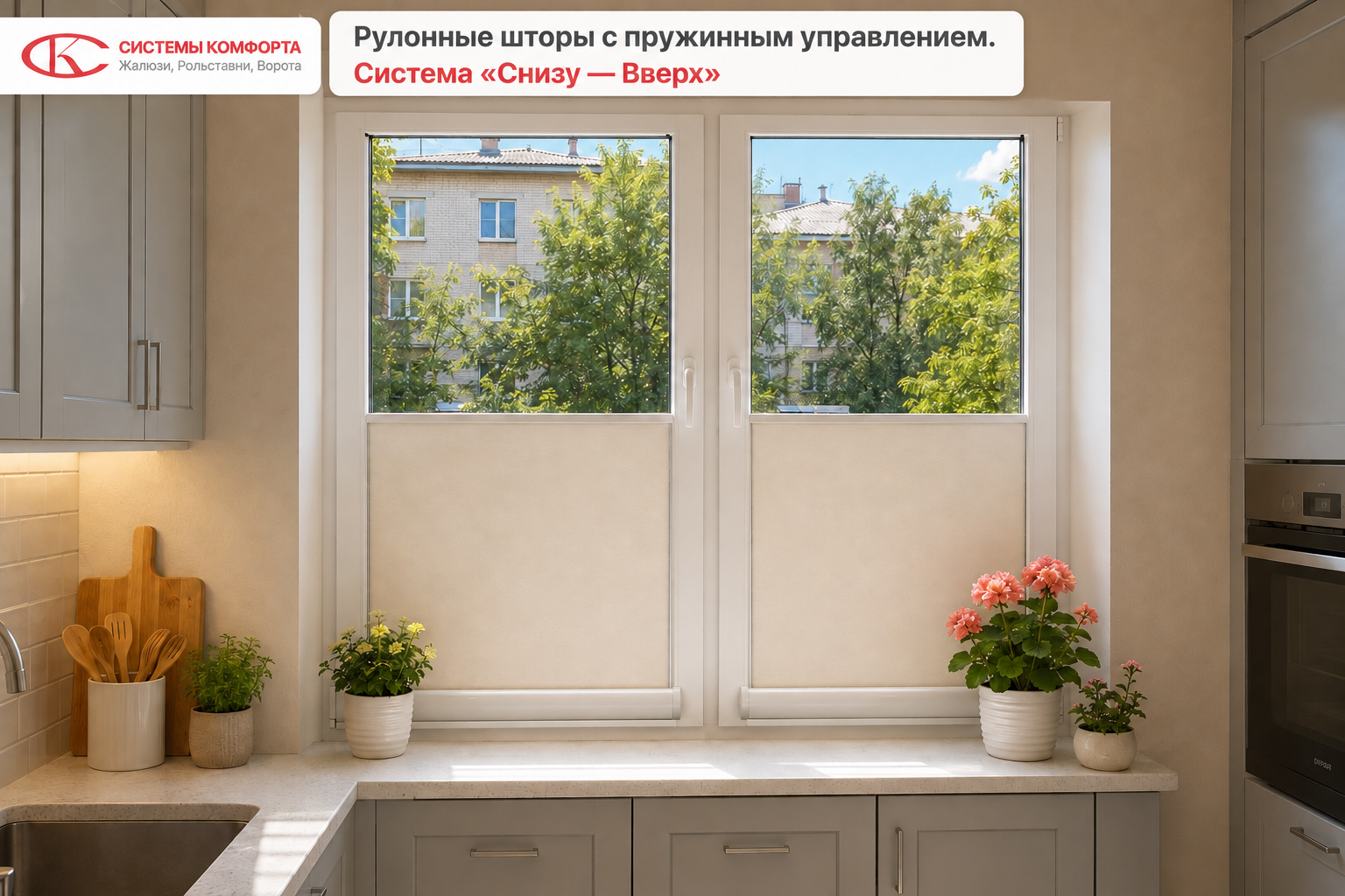 Рулонные шторы снизу вверх на окна первого этажа для защиты от взглядов